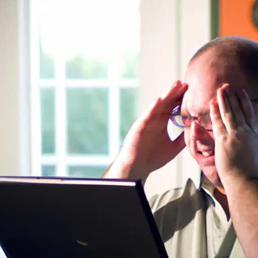 אדם שנראה במצוקה בזמן שהוא מעיין בתוצאות החיפוש במחשב שלו