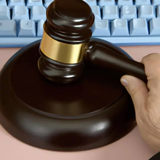 תמונה של אדם אוחז בפטיש עם מקלדת מחשב ברקע, המסמל את צומת החוק והטכנולוגיה