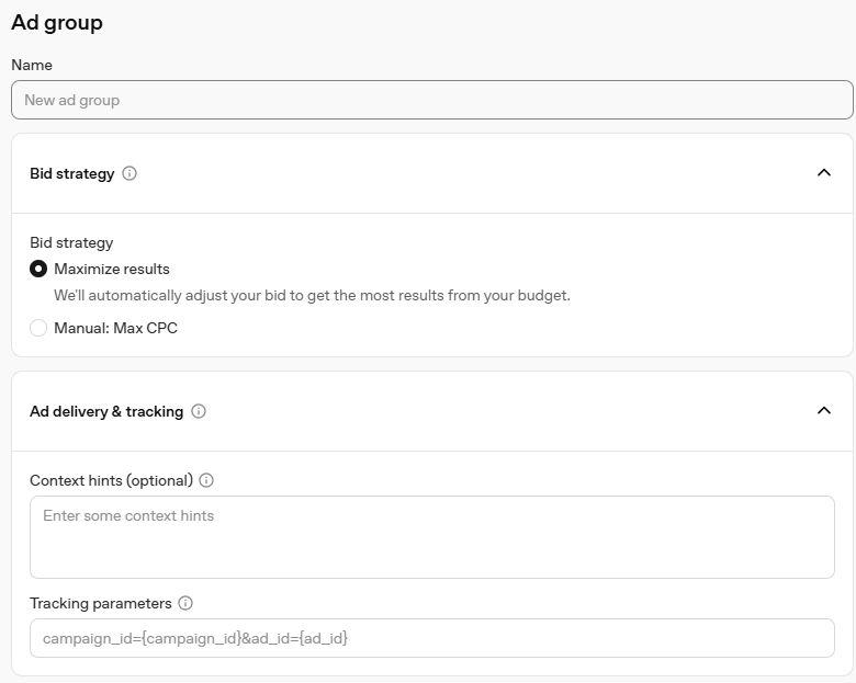 הגדרות קבוצת מודעות ורמזי הקשר ב־ChatGPT Ads