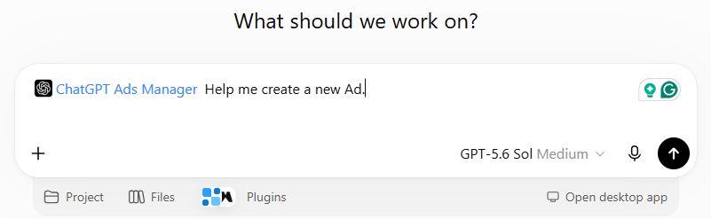 שדה שיחה ב-Work עם תוסף ChatGPT Ads Manager ובקשה מוכנה ליצירת מודעה