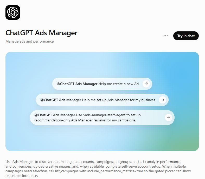 עמוד התוסף הרשמי ChatGPT Ads Manager עם כפתור Try in chat