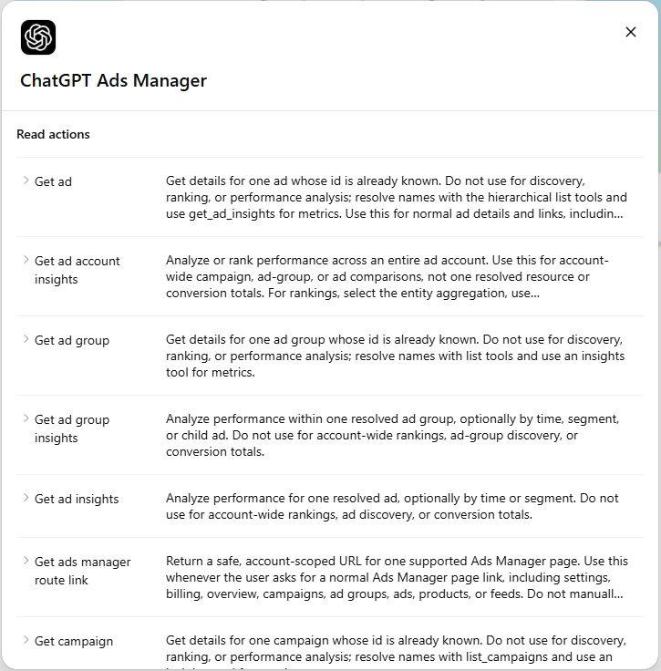 מסך פעולות קריאה של ChatGPT Ads Manager לנתוני חשבון וקמפיינים